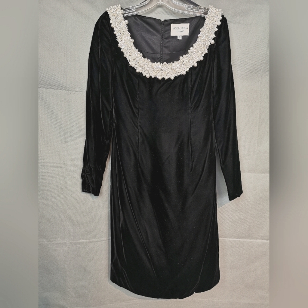 80s Vintage Black Velvet Dress Pearl Embroidered Neckline - size 10